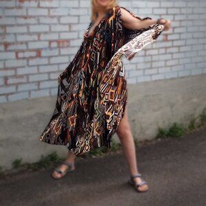 Vintage beach cover Lili les Bains kaftan burned velvet brown geometric